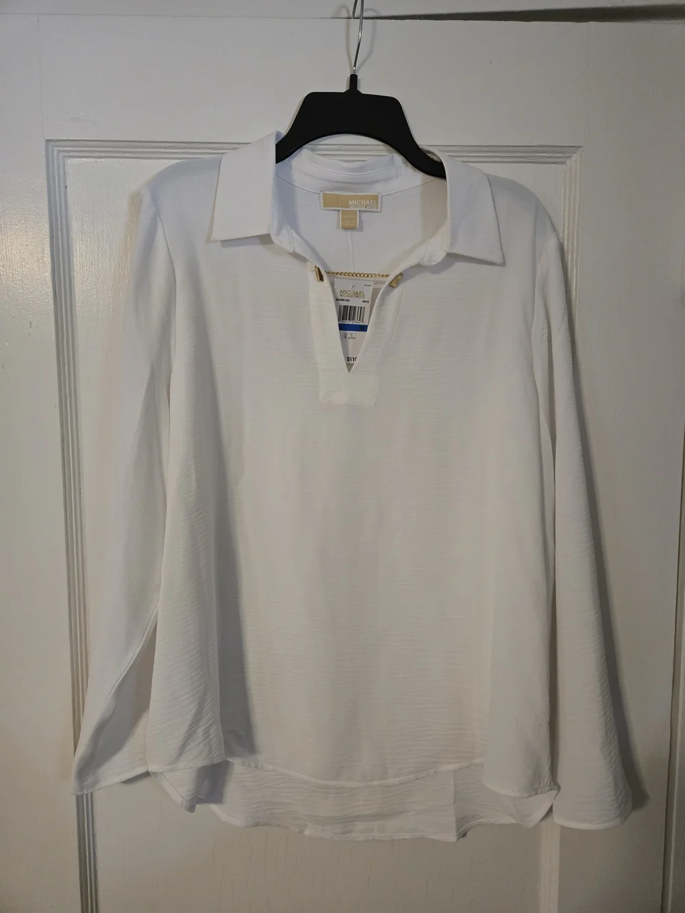 Michael Kors White Long-Sleeve Blouse with Gold Chain Detail